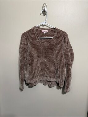 Pink Rose Ribbed Chenille Crewneck Sweater - Brown